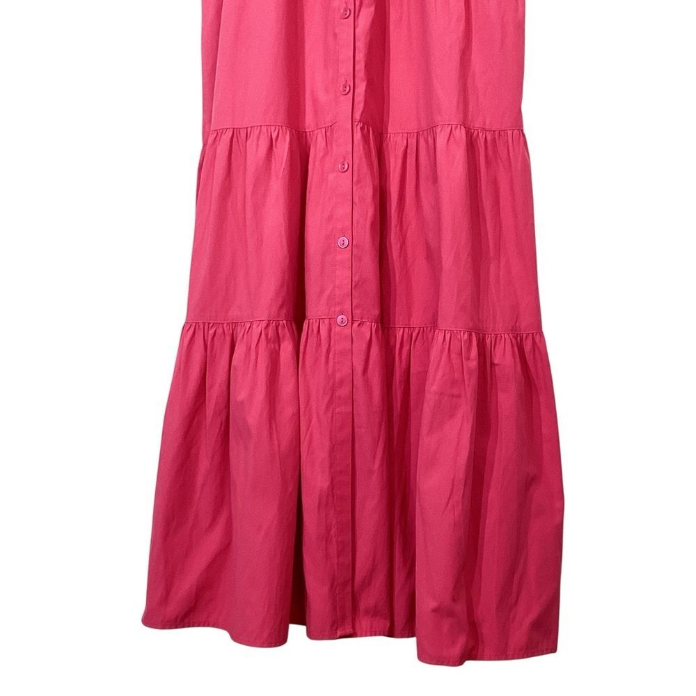 BROCHU WALKER Havana Dress M Hot Pink Tiered Midi Shirtdress Puff Sleeve - Picture 3 of 11